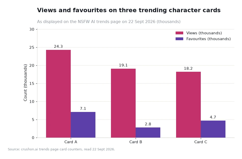 Bar chart of views and favourites on three character cards, in thousands